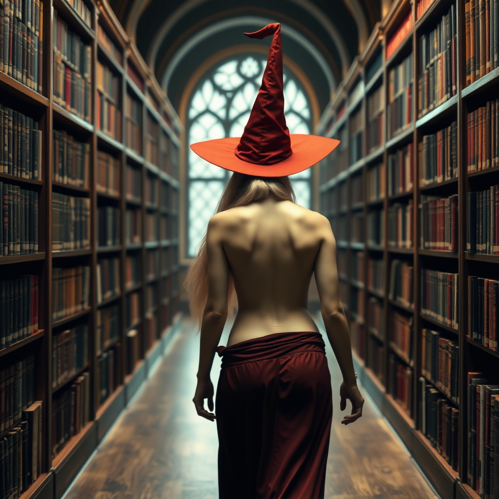 A topless female wizard in a red pointed hat walking through a library