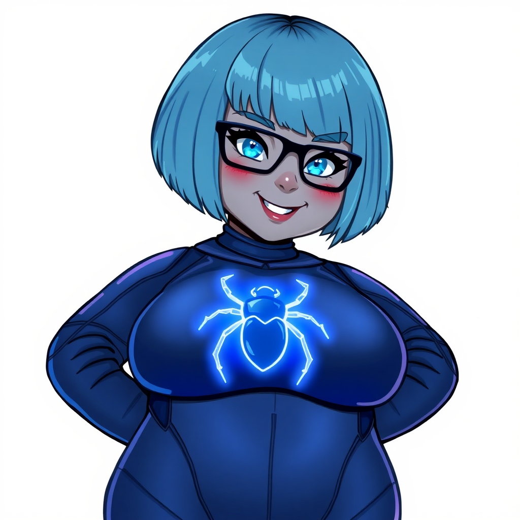 A 28-year-old, full-figured, middle gray metal skinned computer program-human hybrid with a maximum blue bob cut. She has an obvious non-athletic build. She is the digital sidekick, computer hacker, and nerdy girlfriend of her cyberpunk vigilante boyfriend. Her middle gray metallic skin, distinct from any other character, highlights her digital nature. She wears maximum blue lipstick and has bright blue eyes. Her outfit includes an oversized, loose fitting, digital, maximum blue bodysuit (accentuating her non-athletic figure) with a neon blue glowing chest icon of a beetle on its chest and black gloves. Black eyeglasses accentuate her nerdiness, and she has a lovestruck smile with neon red blush. Her non-athletic full figure consists of a prominent, gargantuan, round midsection (with the full emphasis on her round gargantuan belly), gigantic limbs, and broad shoulders, reflects the doting care of her vigilante boyfriend. She has a bashful pose with her hands behind her back on a solid white background. She is drawn as if she was in a retro 2D cyberpunk fighting game. Ensure her bodysuit covers all her bare skin (especially her prominent round gargantuan belly). Her oversized full bodysuit is influenced by Watchmen's Silk Spectre II. She is clearly non-athletic, with emphasis on her full-figured and pudgy physique.