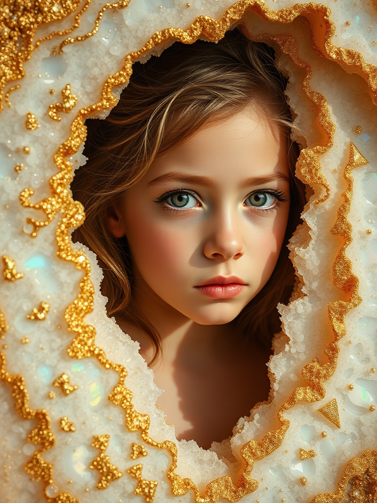 young girl, high quality photo, intricate environment, ultra-detailed, impressionistic, dynamic composition, artistic photograph, geode, alabaster, gold, fractal, brilliant colors, glittering, sunlight, illumination, transparency, translucent, opal