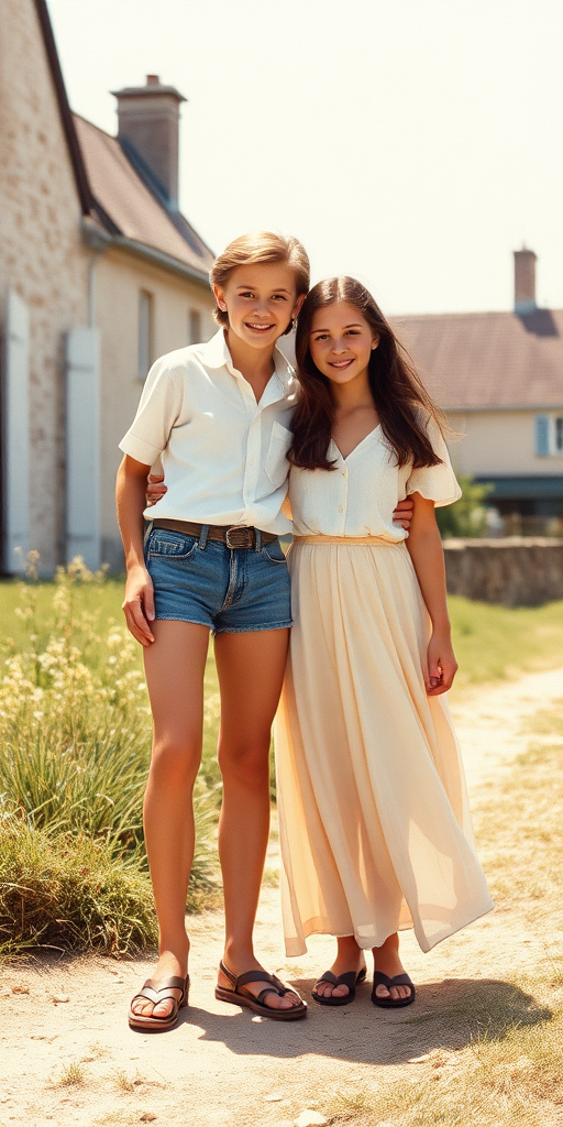 Vintage photo, 1980s. Hot summer. Brittany. A tall skinny 13-year-old teen boy wearing a short shirt, tight booty shorts, long legs, bare thighs. With a girl wearing a shirt and a long skirt. Full-length view.