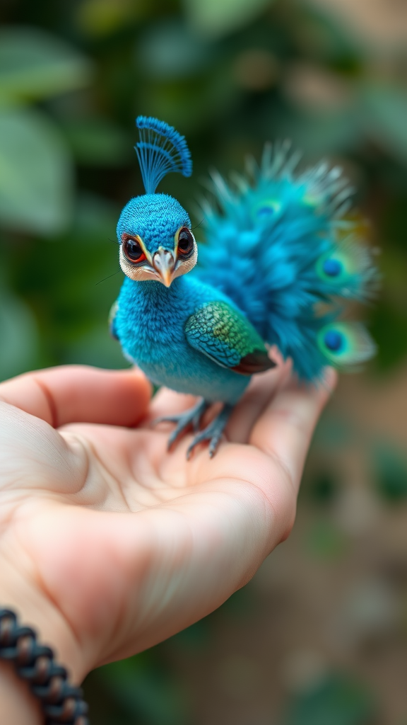 A small tiny cute chubby big eyes big perfect tail real blue dancing peacock on hand