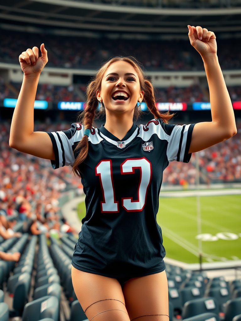 Attractive female NFL fan, huge chest, jersey, cheering wildly, pigtail hair, stadium bleacher row