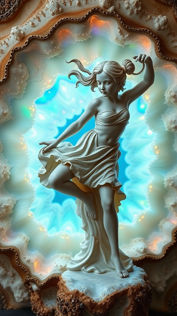 preteen girl statue in dynamic pose, mandelbulb fractal, ultra-detailed, dynamic composition, artistic photograph, geode, alabaster, fractal, brilliant colors, glittering, illumination, transparency, translucent, opal, turquoise, gold, romanticism, sharp focus, wabi-sabi, pottery, floral