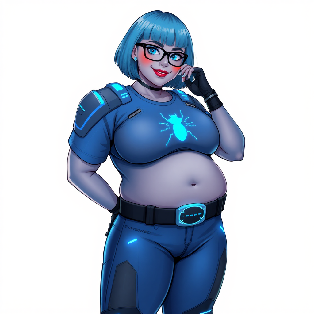 A 28-year-old, full-figured, middle gray skinned computer program hybrid with a maximum blue bob cut. She has a non-athletic build, highlighted by a prominent, round, large midsection (with heavy emphasis on her large belly). As the full-figured digital sidekick to her cyberpunk vigilante boyfriend, her middle gray metallic skin and maximum blue lipstick emphasize her digital nature. She wears a digital, computerized costume inspired by DC’s Carrie Kelly Robin, consisting of a huge, tight-fitting, maximum blue t-shirt with a neon blue glowing chest icon of a beetle, hi-tech shoulder pads with neon blue accents, a black hi-tech belt with a digital neon blue glowing buckle, digital maximum blue pants with neon blue accents, and black hi-tech fingerless biker gloves with neon blue glowing accents. Her neon blue glowing eyes, black eyeglasses with a neon blue glowing HUD built into the lenses, and shy smile with neon red blush accentuate her nerdiness. She stands bashfully with one hand behind her back and the other hand gently touching her cheek, her costume covering all her skin and emphasizing her full-figured physique (especially her belly). She is clearly non-athletic, with a heavy focus on her large belly. Despite her build, she radiates beauty. She has a slim face compared to her physique, accentuating her radiant beauty. She is on a solid white background. She is drawn as if she were in a retro 2D cyberpunk fighting game.