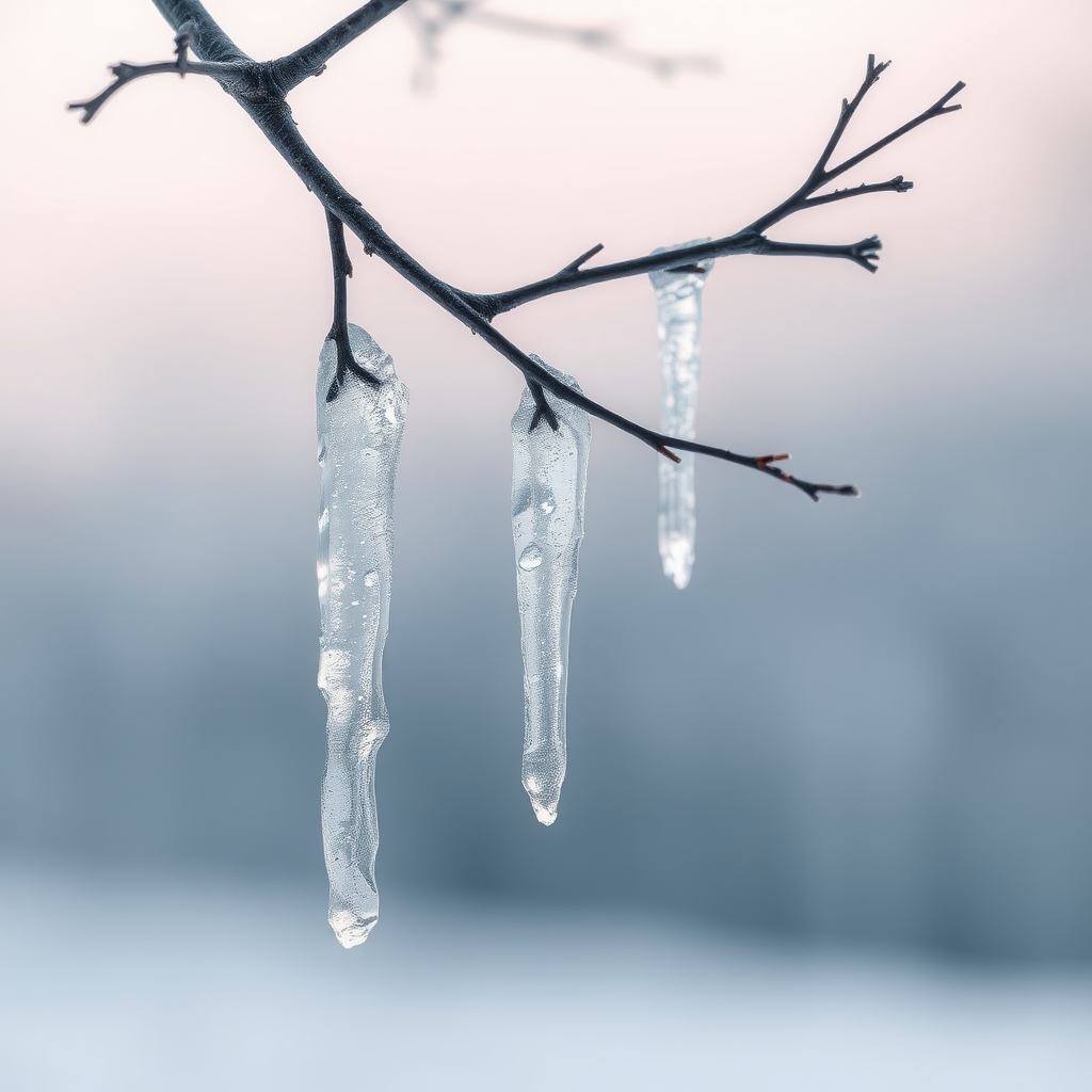 You can see delicate and sparkling icicles hanging from thin, emaciated branches up close. This scene captures a serene winter atmosphere with a soft, muted background transitioning from light pink to cool gray, evoking a sense of tranquility. The ice forms are depicted with surreal detail, emphasizing crystal-like clarity and intricate shapes. The branches are dark and textured, contrasting with the translucent ice. Soft light reflects off the icicles, creating a captivating interplay of light and shadow. The overall aesthetic combines elements of calmness and coolness, leading the viewer into a peaceful winter moment.