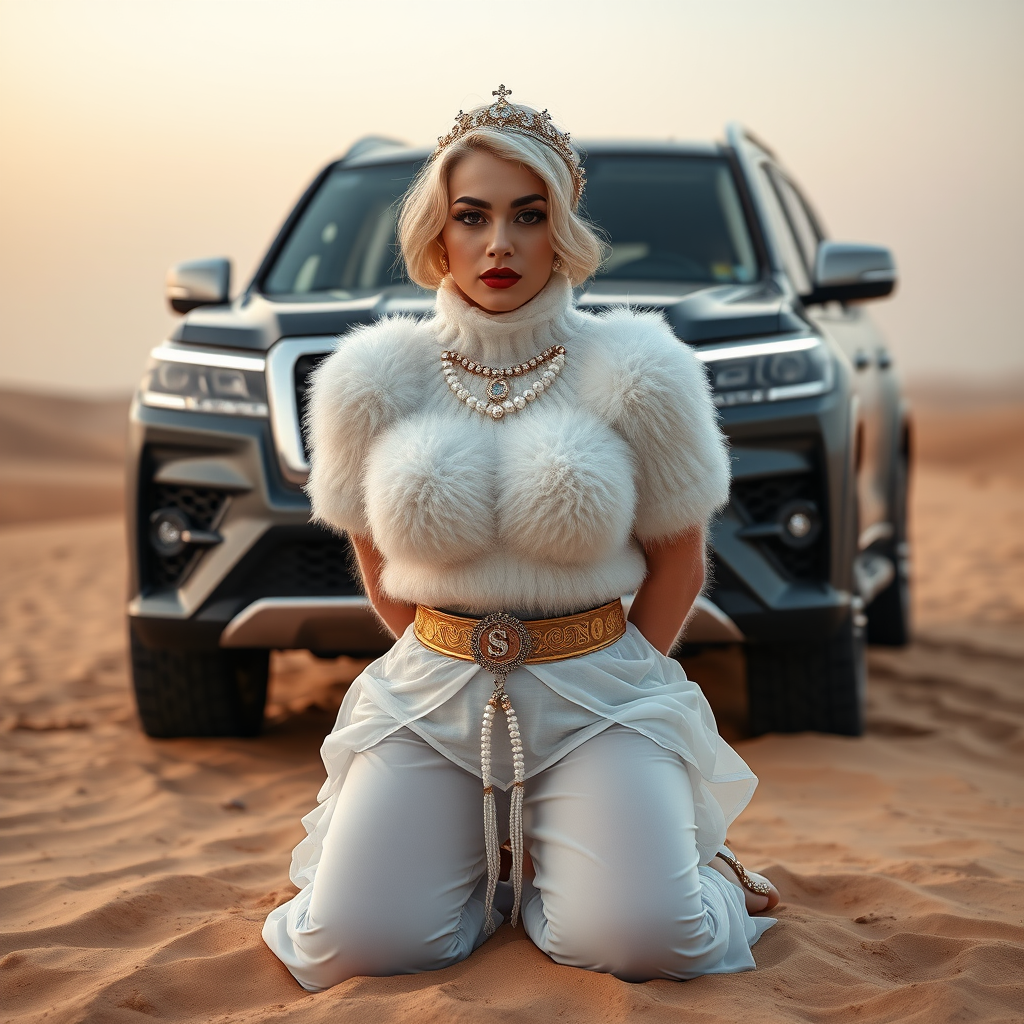 Kuwait desert dunes misty dawn, full size luxury SUV: Melissa, European 17 years old very convincing femboy “trophy-bimbo”, tamed servile docile, very beautiful feminine flawless face, rather short, by hormones very curvaceous womanly figured, platinum blond short tight curls, bold red lips, heavily made-up face, wearing Supertanya-style fluffy very fuzzy bright white angora turtleneck-poncho cropped ending under bust decorated with pearls and gemstones, striking oriental wide gold bridal protection belt, white fully transparent harem pants, full Oriental bridal jewelry including headpiece, white transparent harem-style alluring face veil covering noose and mouth, coin anklets, striking diamond “$$$” letter brooch on left chest, pout frustrated, hands tied behind back, kneeling in sand in front of SUV, looking at camera. Focus on face and turtleneck-poncho.