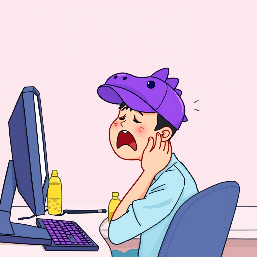 A high-quality illustration of a person sitting at a desk in front of a computer, yawning, with a purple dinosaur-themed cap and light blue shirt. The desk has a computer screen, a keyboard with purple keys, and a yellow bottle beside it. The view is the same as the original image with a light pink background and similar details, but the person now has a dinosaur cap instead of the original one.