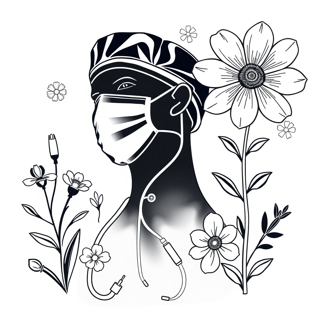 a black on white, line design depicting surgical and floral iconography