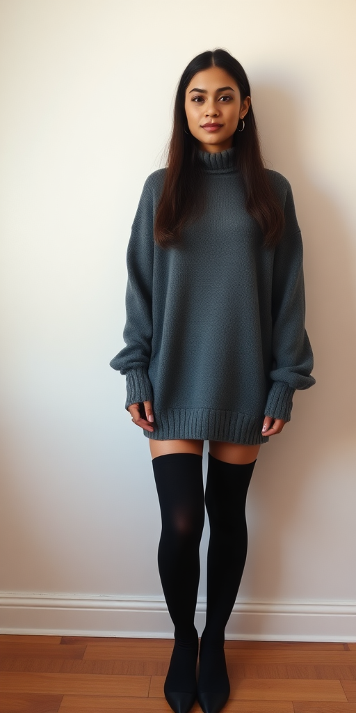 A fullbody photo of a nerdy 18 year old indian woman, wearing an oversized turtleneck sweater and black thigh highs, standing