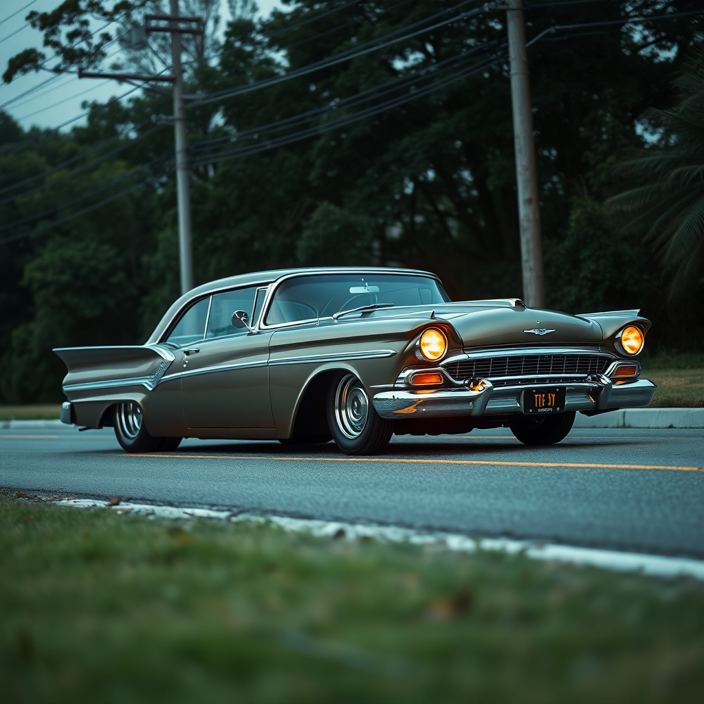 the drag car is parked on the side of the road, inspired by Taiyō Matsumoto, tumblr, restomod, nd4, c4 metallic shine classic american low rider ford