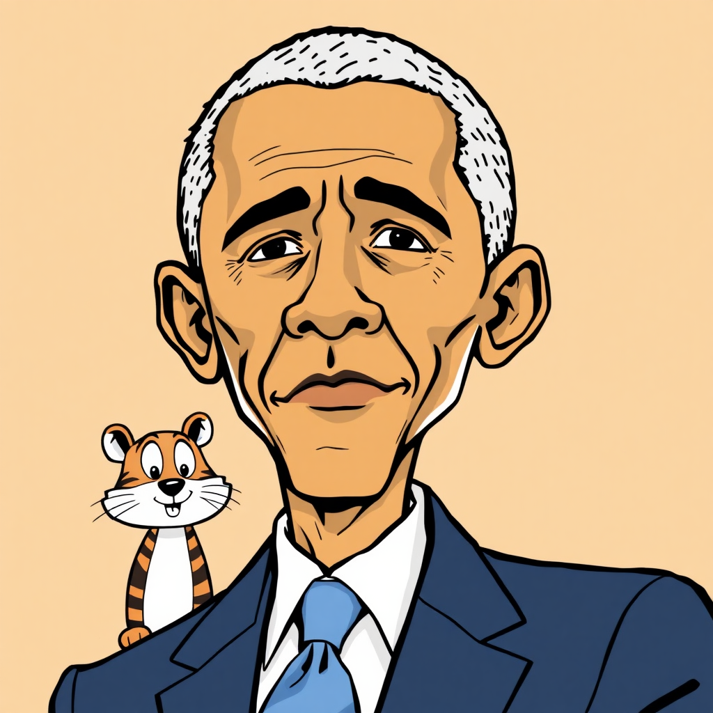 Create an illustration of president Obama in the style of Calvin and Hobbes comics by Bill Watterson, as if president Obama was part of a Calvin and Hobbes Sunday Comic featuring Hobbes.