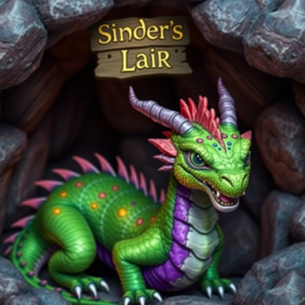 A photo realistic green dragon with rainbow sparkly spots and purple skin in a dragon cave with a sign above it that says "Sinder's Lair"