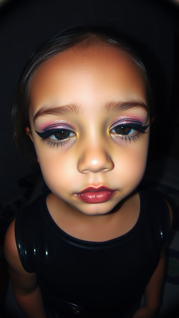 four-year-old-latina-female-child. She is wearing intense-glitter-eyeshadow, thick-winged-eyeliner with very-dramatic-eyeliner-wings, and dark-burgundy-glossy-lipstick. She is wearing a tight-glossy-latex-sleeveless-crop. Her mouth is closed, eyes half-closed. Fish-eye-lens, in a dark motel room, amateur flash photography.