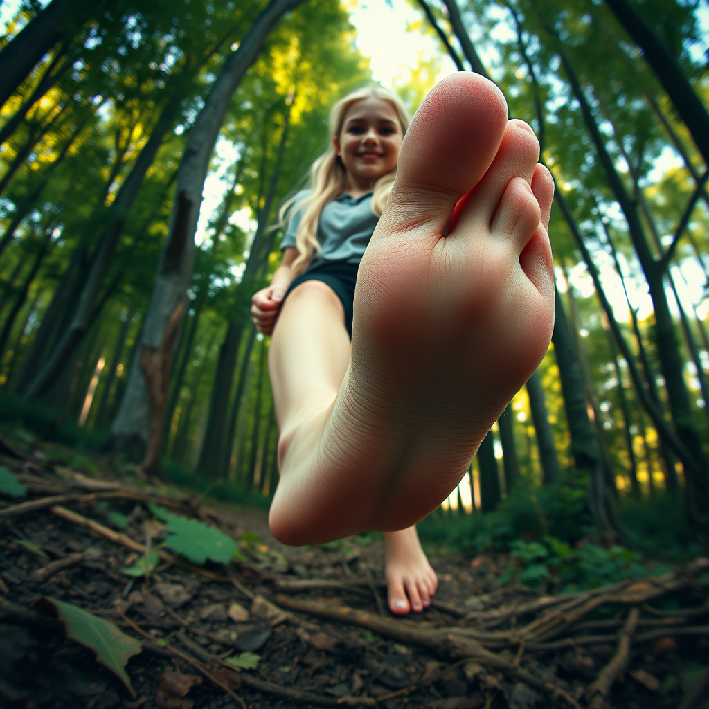 Tactile. Dynamic ethereal stylized hand drawn masterpiece. Ultrawide lens depth of field closeup POV. Barefoot lanky domme cute immature athletic freckled blonde teen elven giantess, blue eyes. Dainty curvy figure. Wearing student attire, uniform, black slacks. Towering goddess, Laughing in forest, trampling the contours of her long toes, making me smell her feet. Immersive. Trampling tactile sensation. Emphasize beautiful expressive detailed toes. Cosmic. Vivid. Divinity