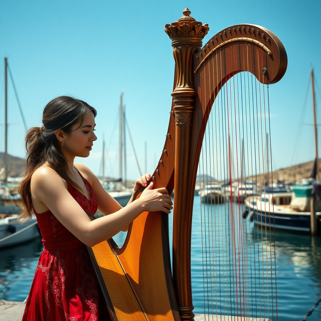 A female harp player playing a harbor as if it was a harp.