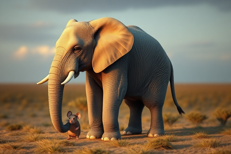 Create a full-length photorealistic image of an elephant shaped like a mouse, maintaining the elephant's fully intact head and features. The body should reflect the framework and silhouette of a mouse, blending the two sizes seamlessly. Skin texture resembles that of an elephant while fur mimics the softness of a mouse. Background draws inspiration from both animals, incorporating elements of their natural habitats, such as grassy plains and cozy burrows. Ensure the lighting is warm and inviting, highlighting the unique features of this imaginative creature.