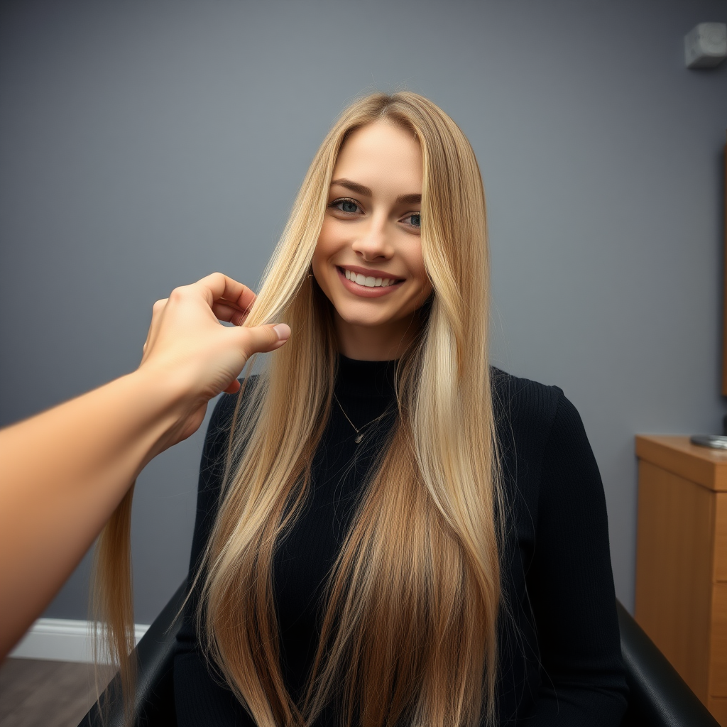 POV, beautiful very long haired blonde woman sitting in a hair salon smiling at the camera while I reach out from behind the camera to trim her very long hair. Plain gray background.