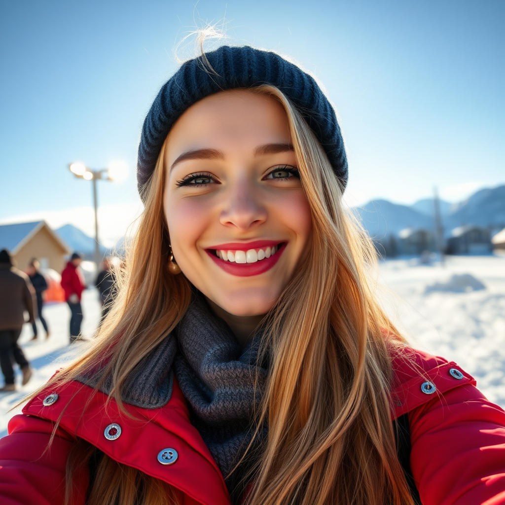 beautiful young woman with lush cherry blonde long hair, full lips, on Alaska Anchorage happy in sunny snow