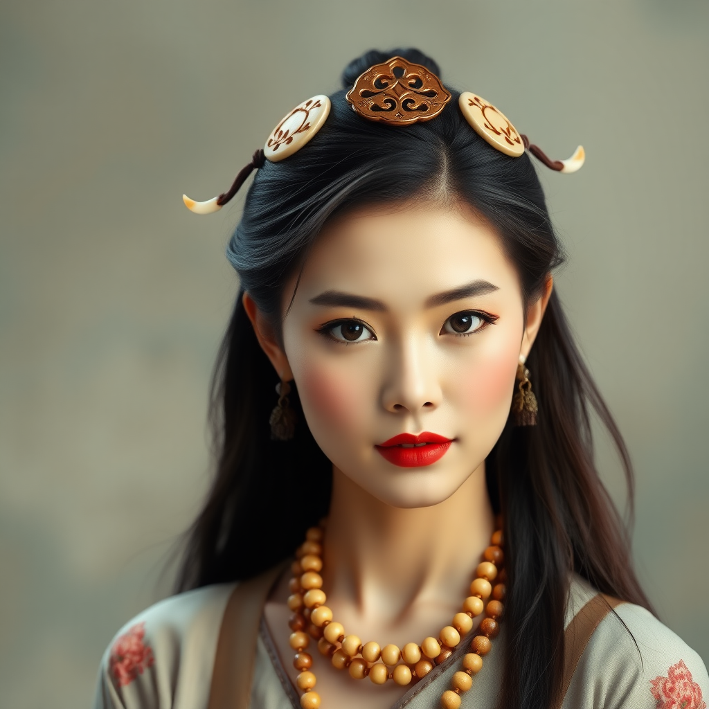 A woman with silk shoes, tortoiseshell jewelry on her head, plain straps on her waist, and ears made of moon beads. Her fingers are as slender and white as sharpened scallion roots, and her lips are as rosy as those of Zhu Dan, vividly showing her beauty, elegance and dignity.