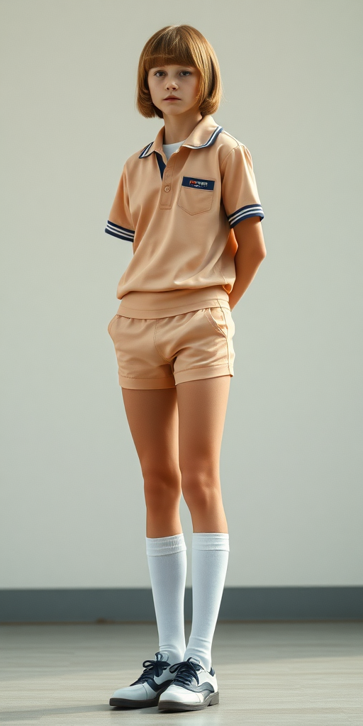 a tall 15yo teen boy, long bob cut, wearing school uniform with uniform matching very tight booty shorts, tube socks, shoes, long legs, narrow thighs. full-length view. 1980s. photorealistic, ultra high resolution, 16K, Negative: grainy, blurry, bad anatomy, extra limbs, watermark.