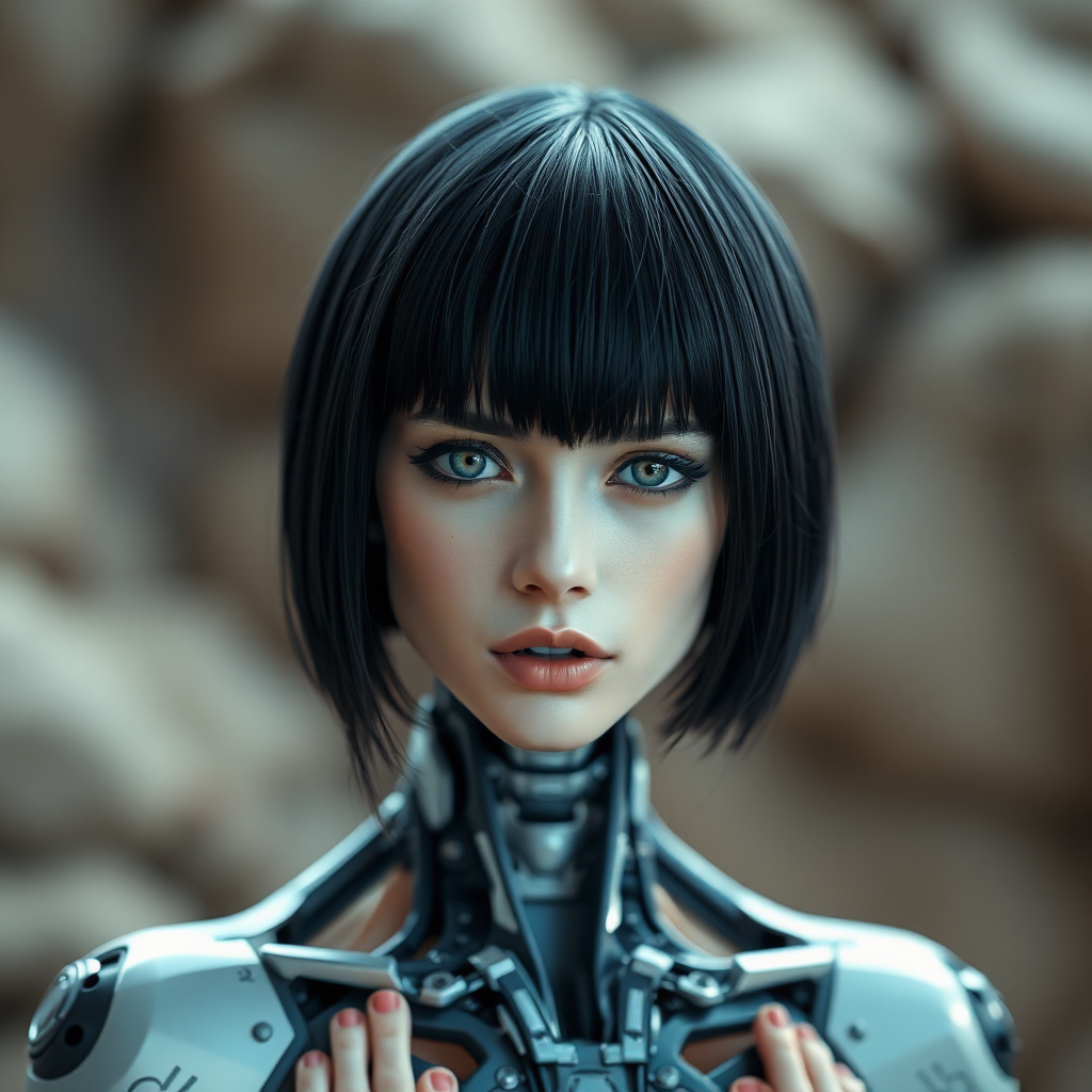 A photograph of a female cyborg with short black hair and green eyes. She has bare feet.