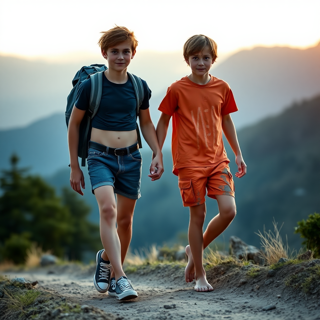 A top model 14yo teen boy, brunette, long layered haircut with a messy hair, wearing a denim tight shorts, a crop top, Black converse all star shoes, with a hiking backpack on his shoulder, he is helping another 14yo teen boy to walk back to his camp. The second boy is wearing girly short shorts orange inmate outfit, he is dirty, covered with mud, barefoot. They are walking in the mountain, at sunset. Both of the boys are looking at the camera. long legs, bare thighs.