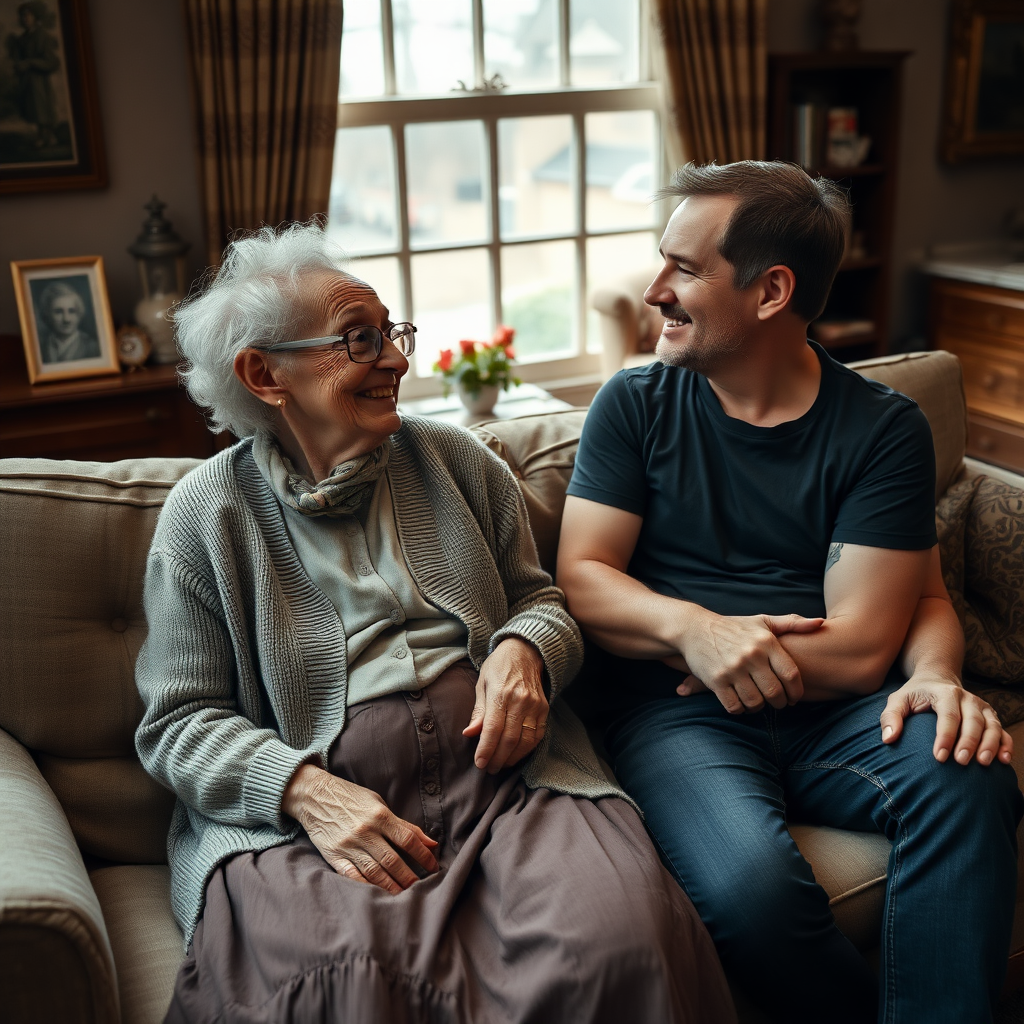 In a scene viewed from an angle and slightly above: In an old-fashioned English living room, a very frail and thin, very elderly English lady with a kind smile, short, thinning white curly hair, wrinkled face, neck and skin, wearing thin framed glasses, an old cardigan, blouse and long skirt is sitting on a sofa with an English man about 40 years old, grey stubble on his chin, brown hair, sitting close next to her on the same sofa, wearing a black T-shirt and dark blue jeans. The man and woman are smiling at each other. The woman is looking at the man's eyes and smiling. The man is looking at the woman's eyes and smiling.