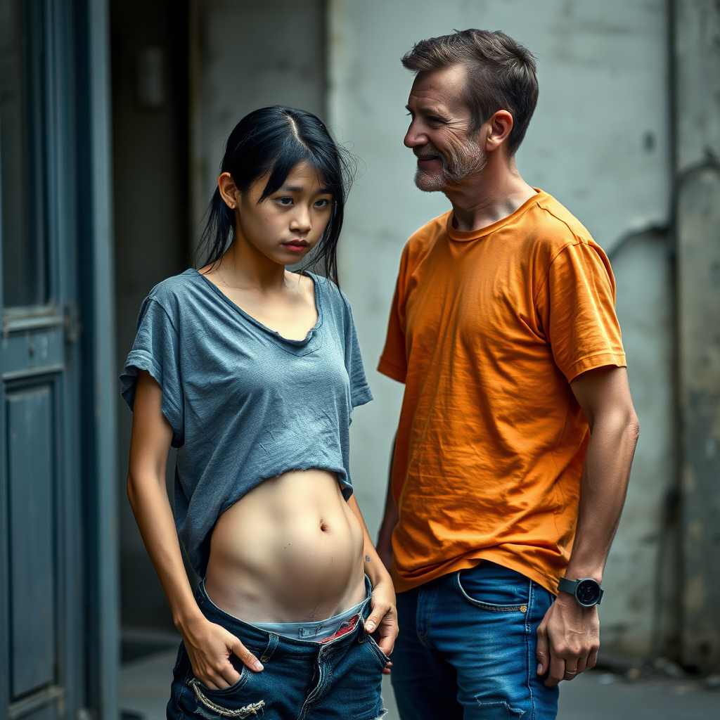 Young neglected, homeless, very very slim, almost anorexic Asian woman. Shown as a whole person. Sad and mystical look. The Asian woman is wearing a torn, old, gray, transparent, belly-baring T-shirt and totally torn, very old cloth pants. Shame can be seen in her very Asian eyes. A 60-year-old German man stands opposite her. The handsome German very youthful looking man is facing the Asian woman as if offering his help. The German man is shaved and relatively slim, has a normal fashionable haircut, his hair is dark brown, he is wearing a new nice plain orange T-shirt with a discreet tangled pattern and new blue jeans. The German man looks sympathetic and smiles a little and looks much more positively at the Asian woman, as if the Asian woman were his daughter. The Asian woman can hardly look the German man in the eye for shame. The Asian woman has a particularly flat stomach and her belly button is also flat. The Asian woman has a very beautiful, yet normal physique. The Asian woman has a few blue spots on her skin and a very slight wound on her face. She looks like she could cry.