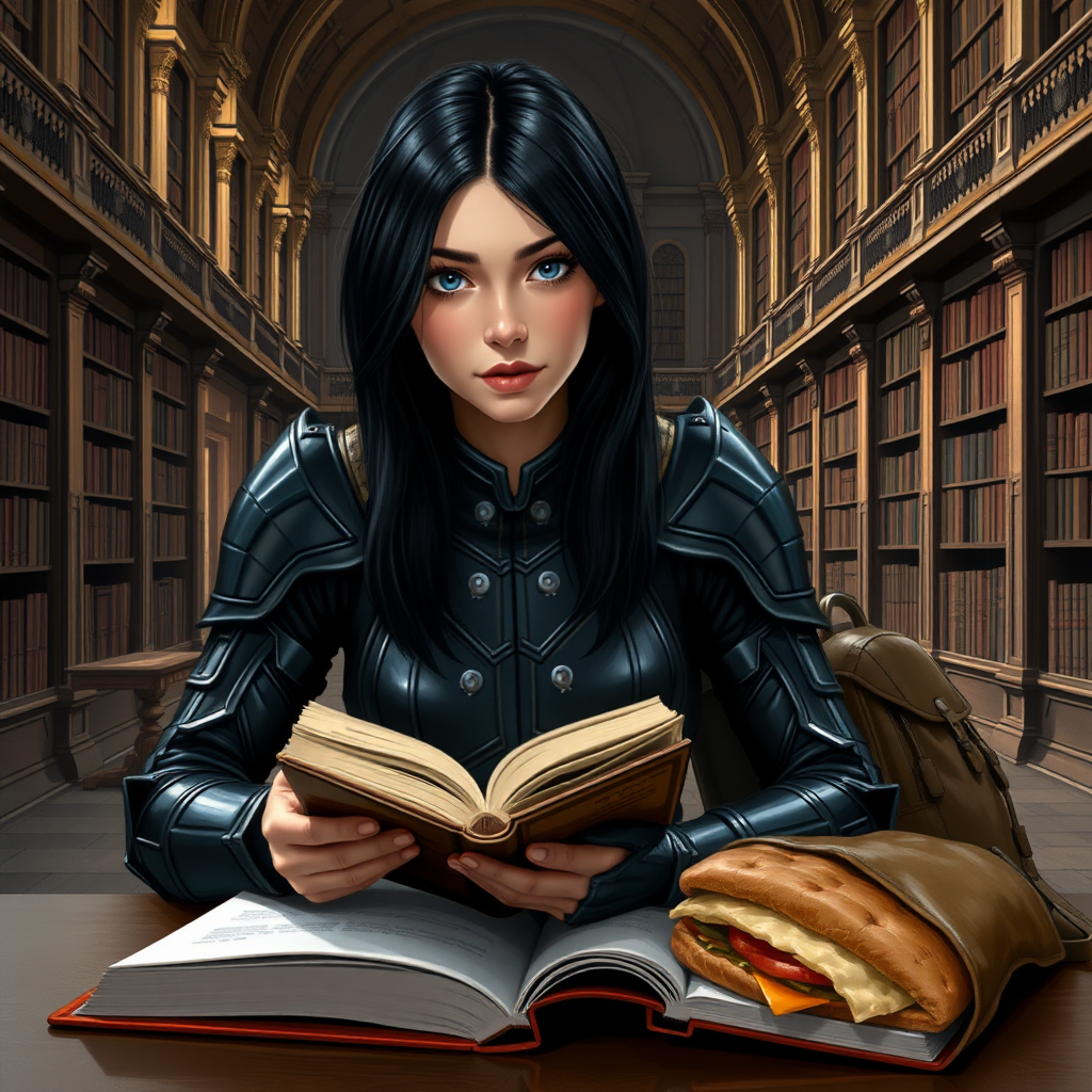 beautiful young woman, dark hair past her shoulders, blue eyes, small, slim figure, wearing full leather armor suit, sitting, reading book, on the table, a sandwich and backpack, in a grand old library.