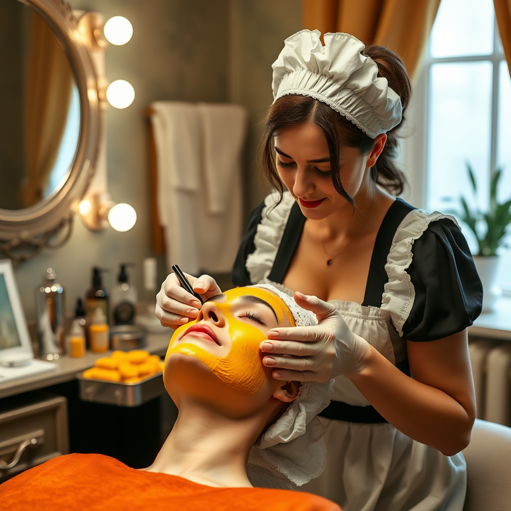 female french maid working in beauty parlour, giving turmeric facial to her clients