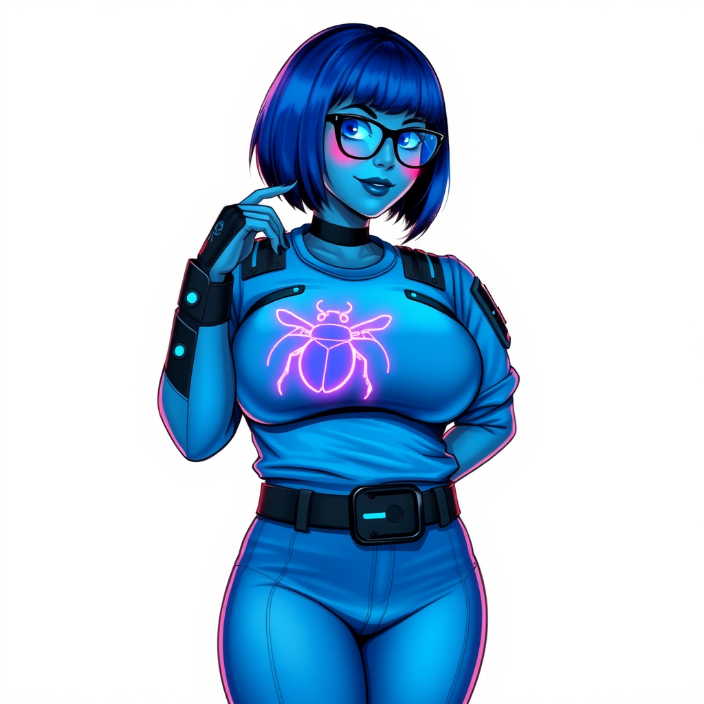 A 28-year-old, full-figured, metallic maximum blue (5PB 5/10) skinned computer program hybrid with a maximum blue bob cut. She has a non-athletic build, highlighted by a prominent, round, large midsection (with emphasis on her round large belly), which shows the effects of her new love of junk food acquired from her boyfriend. As the full-figured, nerdy, digital sidekick to her cyberpunk vigilante boyfriend, her metallic maximum blue skin and maximum blue lipstick (5PB 5/12) emphasize her digital nature. Her skin has a subtle, animated glow, with digital patterns occasionally flickering across it, making her digital nature obvious. She wears a digital, computerized costume, consisting of a massive, tight-fitting, maximum blue t-shirt (5PB 5/12) made out of advanced nanotech with a neon blue glowing chest icon of a beetle, hi-tech shoulder pads with neon blue accents, a black hi-tech belt with a digital neon blue glowing buckle, digital maximum blue biker pants (5PB 5/12) with neon blue accents, and black hi-tech fingerless biker gloves with neon blue glowing accents. Her neon blue glowing eyes, black eyeglasses with neon blue glowing lenses equipped with a built-in HUD, and bashful smile with neon red blush accentuate her nerdiness. She stands bashfully with one hand behind her back and the other hand gently touching her cheek, her costume covering all her skin and emphasizing her full-figured physique (especially her round large belly). She is clearly non-athletic, with a focus on her full-figured physique. Despite her build, she radiates beauty. She has a slim face compared to her physique, accentuating her radiant beauty. She is on a solid white background. She is drawn as if she were in a retro 2D cyberpunk fighting game.