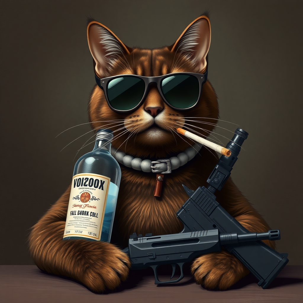 A dark brown cat with a bottle of vodka, a gun, sunglasses, and a cigarette in its mouth.