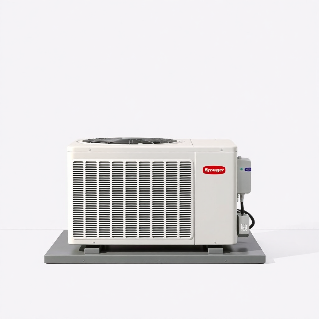 A simple, high-resolution, realistic photo of a standard residential outdoor air conditioning unit or condenser. The unit should be placed on a flat surface. The unit should be a neutral color. Plain, uncluttered background. No text.