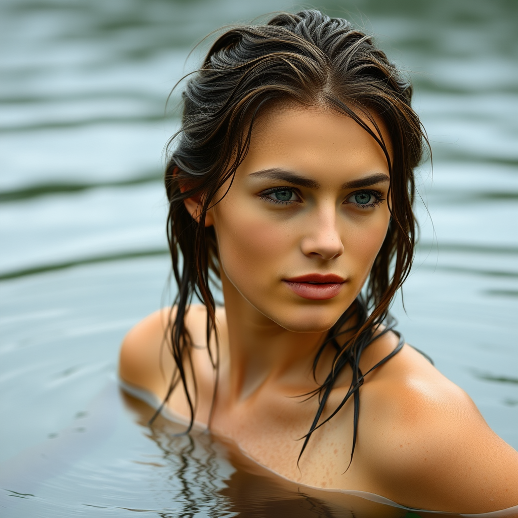 a young european woman just coming out of a lake. she has wet hair. photo