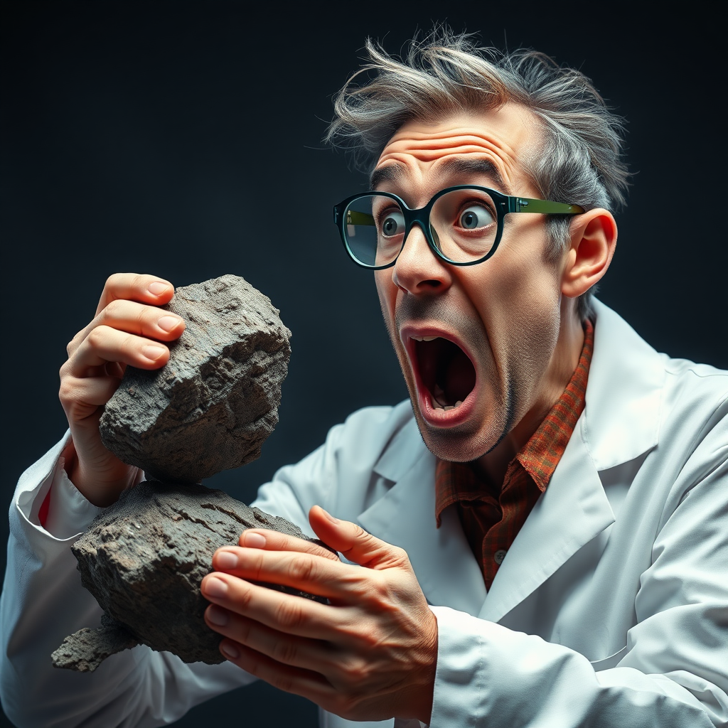 a very surprised scientist looking at a normal rock very curiously and overreacting, showing a lot of strong emotions