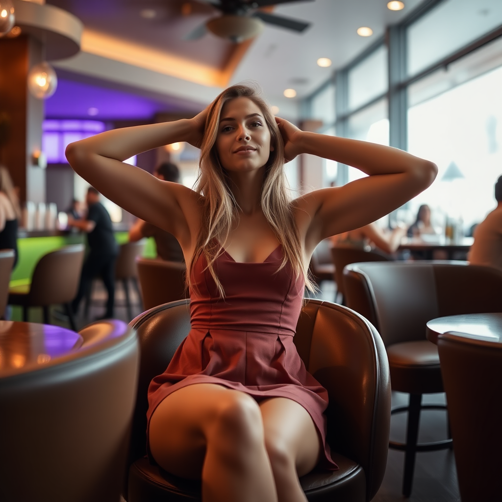 a nordic girl in a short dress sitting in a lounge bar, raising her arms to show armpits, camera angle from below