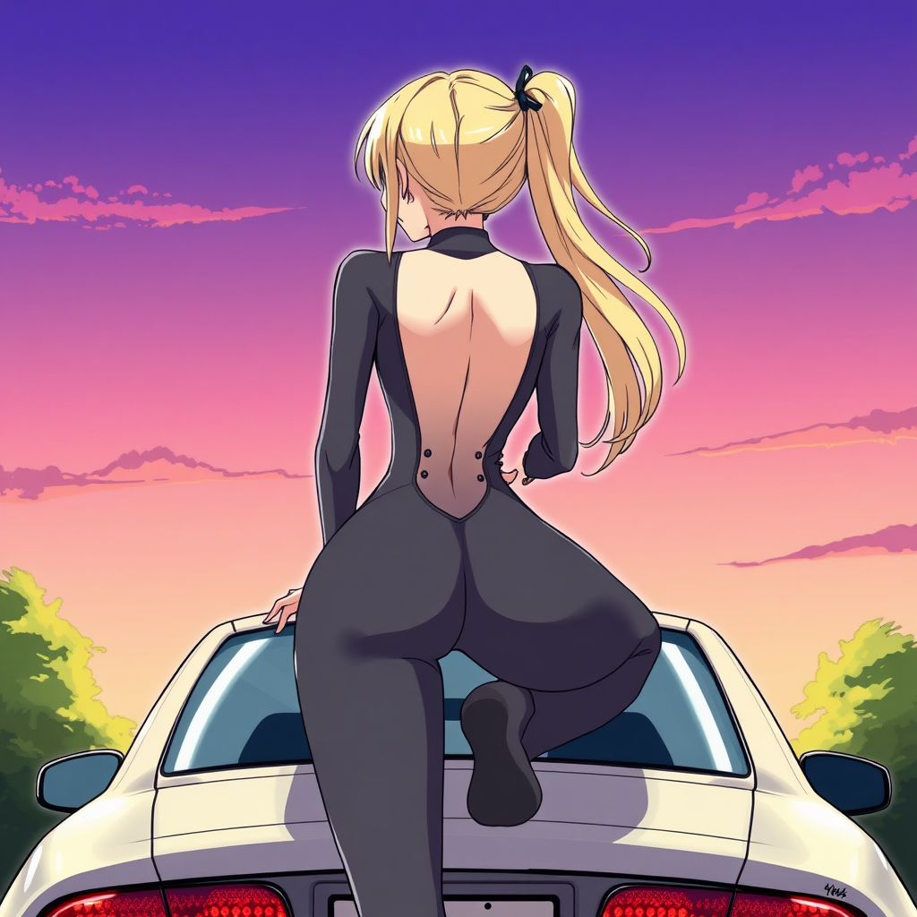 A anime drawing: A backside view one-piece tight-grey suit baddie-white girl blond split out on top of a car