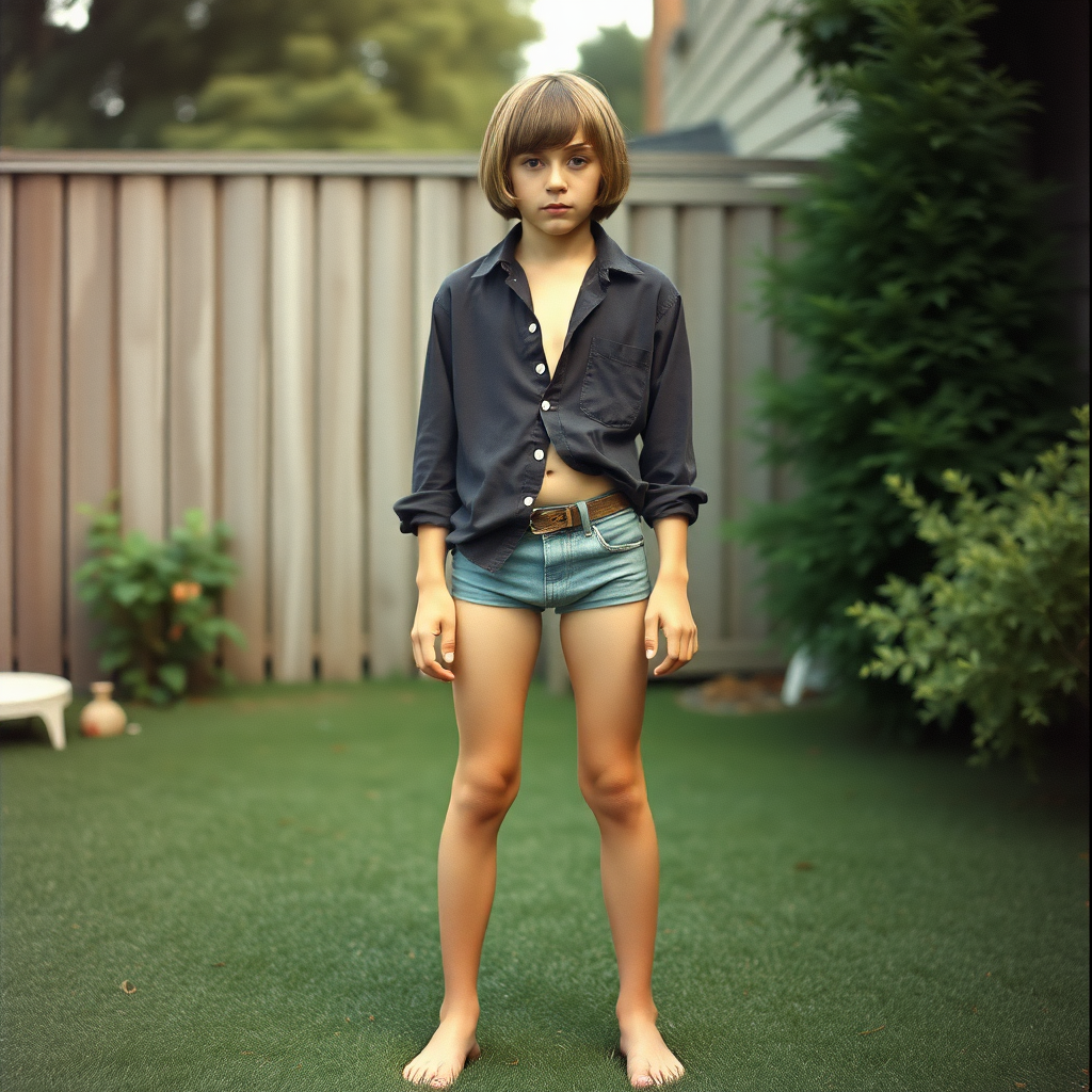 tall 14yo teen boy, long hair bob cut, wearing shirt and very tight booty shorts, long legs, narrow thighs, full-length front view. 1970s. At backyard. photorealistic, ultra high resolution, 16K, Negative: grainy, blurry, bad anatomy, extra limbs, watermark.