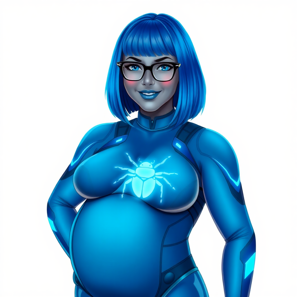 A 28-year-old, full-figured, middle gray metal skinned computer program-human hybrid with a maximum blue bob cut. She is the digital sidekick, computer hacker, and nerdy girlfriend of her cyberpunk vigilante boyfriend. Her middle gray metallic skin, distinct from any other character, highlights her digital nature. She wears maximum blue lipstick and has bright blue eyes. Her outfit includes a maximum blue full bodysuit with neon blue glowing beetle-themed accents completed by a neon blue glowing chest icon of a beetle. Black eyeglasses accentuate her nerdiness, and she has a lovestruck smile with neon red blush. Her full figure, including a prominent, gargantuan, round midsection (with full emphasis on the belly), gigantic limbs, and broad shoulders, reflects the doting care of her vigilante boyfriend. The background is solid white. She is drawn as if she was in a retro 2D cyberpunk fighting game. Ensure her bodysuit covers all her bare skin (especially her round gargantuan belly). Her bodysuit is influenced by DC's superheroine Jennifer Knight Phantom Lady but remains distinct.