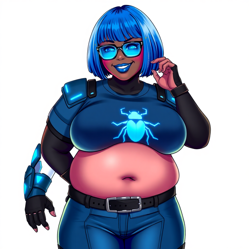 A 28-year-old, full-figured, metallic maximum black (N0) skinned computer program hybrid with a maximum blue bob cut. She has a non-athletic build, highlighted by a prominent, round, large midsection (with emphasis on her belly), which shows the effects of her new love of junk food acquired from her boyfriend. As the full-figured, nerdy, digital sidekick to her cyberpunk vigilante boyfriend, her metallic maximum black (N0) skin and maximum blue lipstick emphasize her digital nature. Her skin has a subtle, animated glow, with digital patterns occasionally flickering across it, making her digital nature obvious. She wears a digital, computerized costume, consisting of a huge, tight-fitting, maximum blue t-shirt with a neon blue glowing chest icon of a beetle, hi-tech shoulder pads with neon blue accents, a black hi-tech belt with a digital neon blue glowing buckle, digital maximum blue biker pants with neon blue accents, and black hi-tech fingerless biker gloves with neon blue glowing accents. Her neon blue glowing eyes, black eyeglasses with neon blue glowing lenses equipped with a built-in HUD, and bashful smile with neon red blush accentuate her nerdiness. She stands bashfully with one hand behind her back and the other hand gently touching her cheek, her costume covering all her skin and emphasizing her full-figured physique (especially her belly). She is clearly non-athletic, with a focus on her full-figured physique. Despite her build, she radiates beauty. She has a slim face compared to her physique, accentuating her radiant beauty. She is on a solid white background. She is drawn as if she were in a retro 2D cyberpunk fighting game.