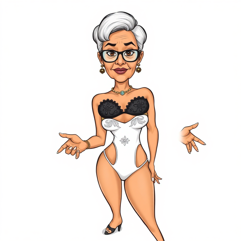 a towering 55 Years old, fit, slim, European, Latina, sharp aquiline nose, wrinkles, high cheekbones, Middle Eastern, Skinny, Tanned skin, Dark light skin, Rounded Medium breasts, Skinny thighs, full Makeup, jewelry, Serious face, Sharp nose, Ash hair, short bowl haircut, Brown eye color, Glasses, with detailed features. she is wearing embroidered black balconette bras and a white high cut cut out 1980s slingshot swimsuit, detailed fabric. full body, high heels sandals, she is gesturing at the viewer, sweating, long establishing shot, 2D, caricature, cartoon, Sketch lines, coloring book, nlack and white, coloring book style on white background, well composed, clean coloring book page, No dither, no gradient, strong outline, No fill, No solids, vector illustration, realistic proportions