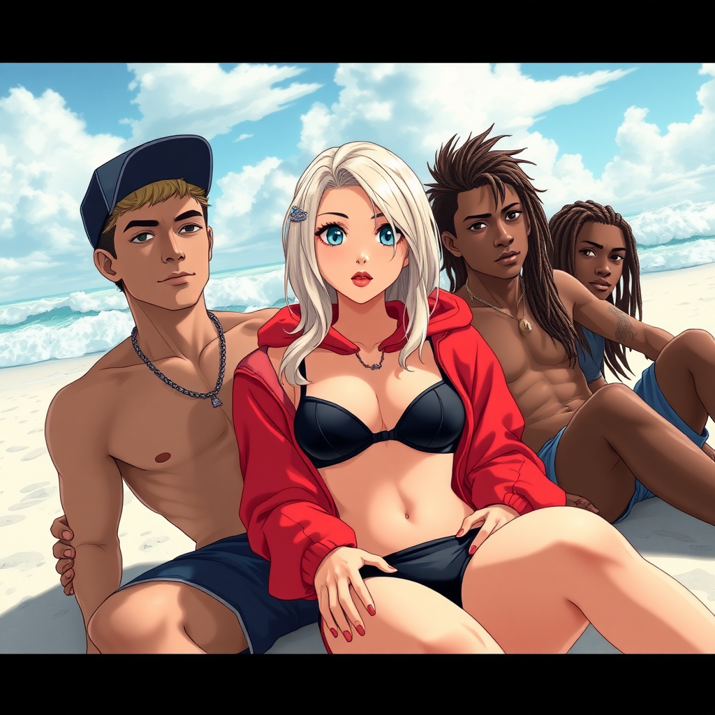 An anime scene unfolds on the sunny shores of Miami Beach, Florida. A striking white-blonde girl with blue eyes and a confident, street-smart vibe lounges on the sand, her black micro-bikini peeking out from under a red Bape hoodie. Her red lips stand out against her sun-kissed skin, and her playful energy shines through. Next to her, a handsome white Latino guy with a sideways cap and brown, dark fohawk hair leans back casually, giving off a laid-back, cool vibe. On the other side, a black guy with long dreadlocks completes the trio, all of them sharing a relaxed moment under the Miami sun, waves crashing in the background.