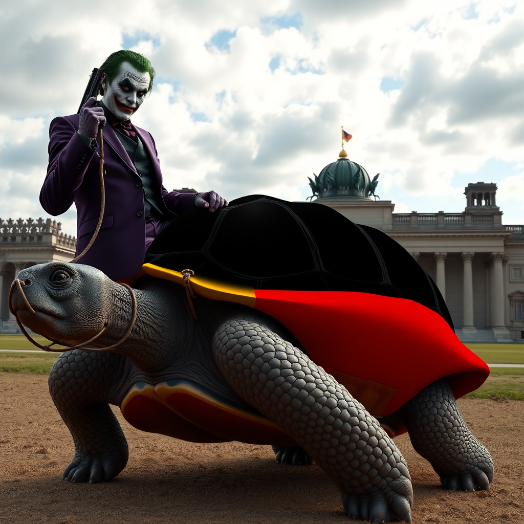 A photorealistic scene showing the Joker, dressed in a dark purple suit with a black shirt, riding on the back of a giant tortoise. The tortoise has a bridle in its mouth, and the Joker holds the reins with his right hand. In his left hand, he grips a pistol. The upper part of the tortoise's shell is painted in the bright colors of the German flag (black, red, and yellow), with the flag's design clearly visible. In the background, the iconic German Bundestag building is prominently displayed under a partly cloudy sky, completing the surreal and striking scene.