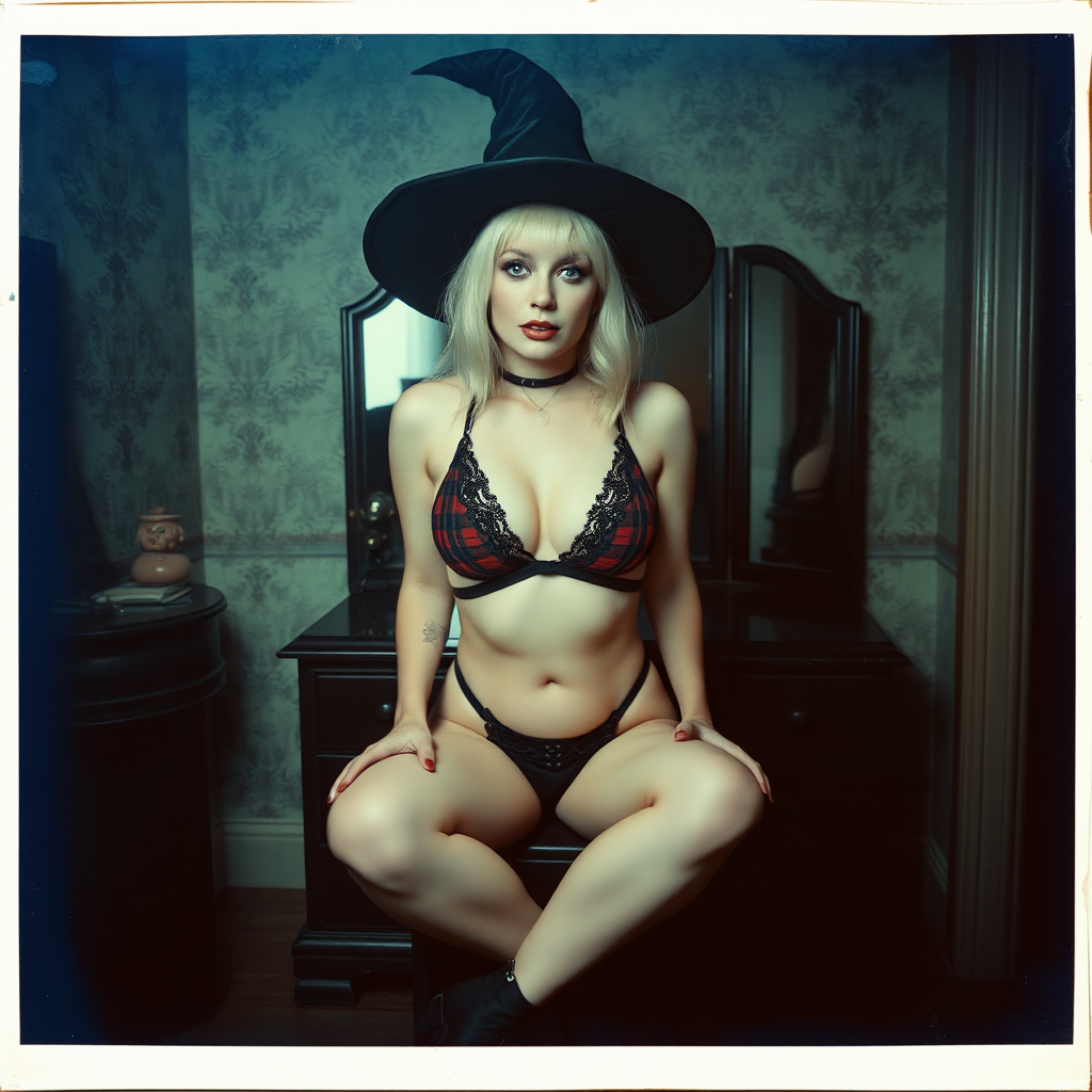 can of an old polaroid photo with heavy dark vignetting and a blue color tint to the photograph and visible light leaks. The photo depicts a sexy alt goth woman with pale skin. She has large breasts with ample cleavage and is wearing a plaid bra with triangle shaped cups. She is wearing a witch hat. The image looks hazy and grungy. She is in an old house with wallpaper on the walls. Dark lighting with camera flash used. Candid. she is wearing a tiny revealing lace thong. She is sitting on a builtin vanity with a mirror with her knees spread apart. She is wearing black high heels