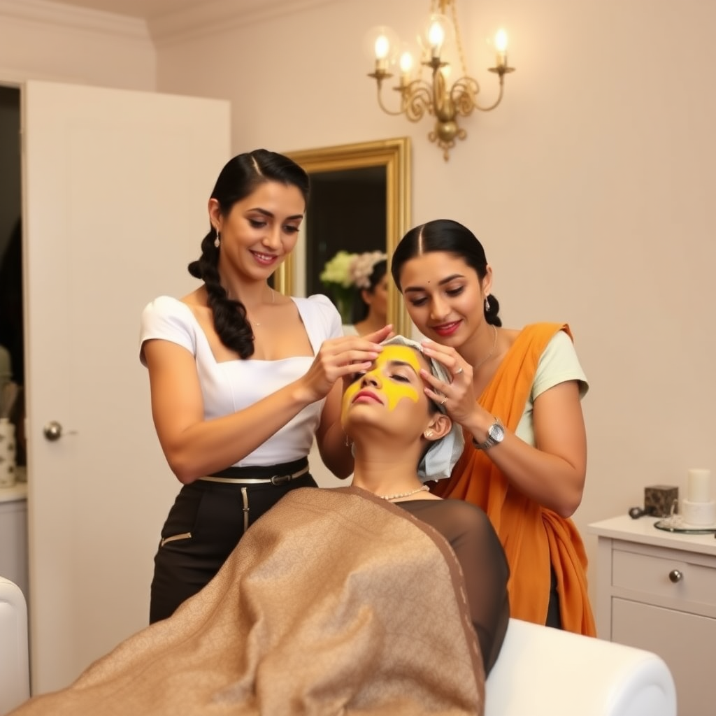 2 slim French maids, working in a beauty parlour, giving a turmeric facial to a wealthy Indian wife.