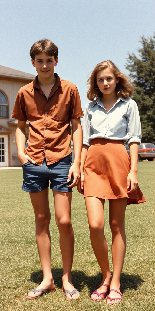 Vintage photo, 1980s. Hot summer. Britany. A tall skinny 13yo teen boy wearing short shirt, tight booty shorts, long legs, bare thighs. With a girl wearing shirt, long skirt. Full length view.