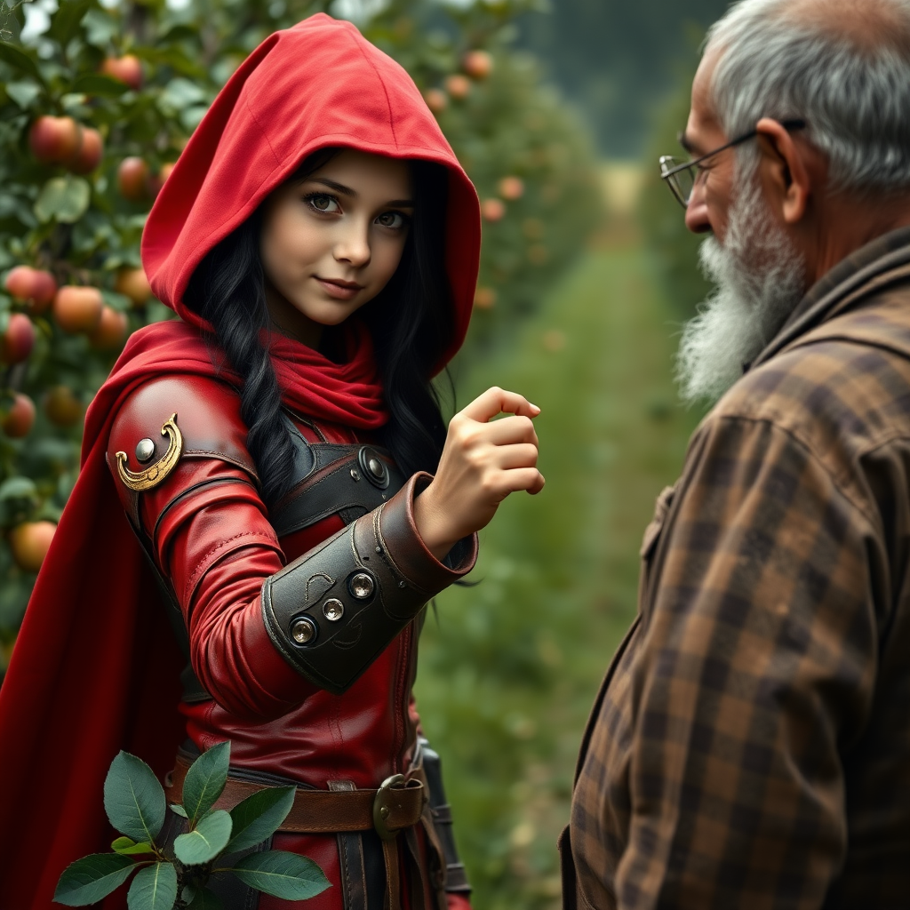 A photo realistic girl with black hair and brown eyes in red leather armor and a red hood holding up a gold finger ring to an old man in dirty work clothes while standing in an apple tree orchard