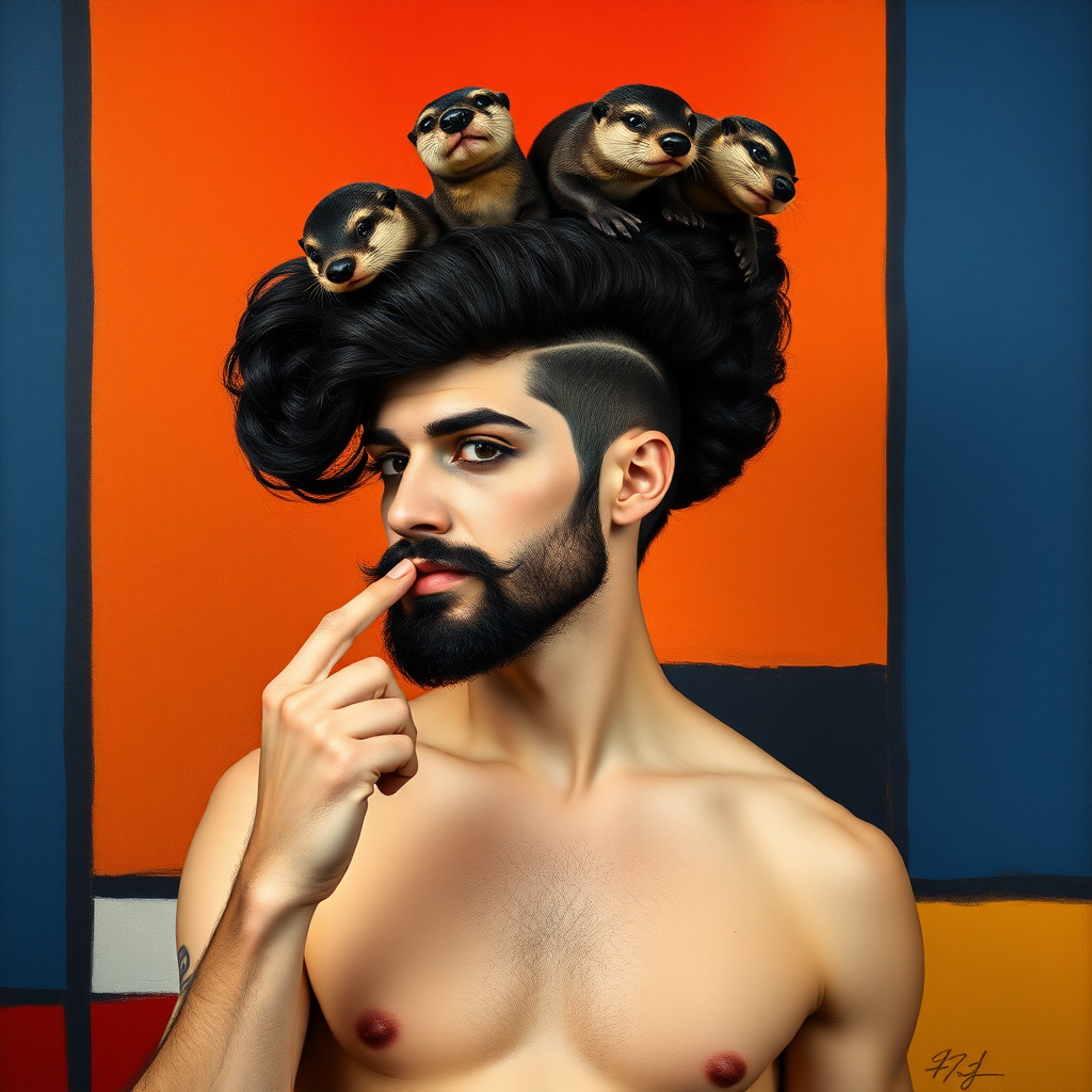 The background is a painting by Mondrian with red, blue, yellow, and white. A 4K hyper-realistic photograph in the style of Mondrian, blending surrealism with kitsch. The subject is a man with an extravagant, curly black haircut, styled in a flamboyant bun, paired with a sexy, masculine look. He sports a neatly groomed, three-day beard — short, evenly distributed, with a light shadow effect across the chin, jawline, and cheeks. His makeup is dramatic, like a drag queen, adding to the boldness of his appearance. He has a muscular, athletic build. He is naked with sexy nipple covers, standing confidently. His pose is that of a pin-up woman with a finger inside his mouth. Above him, smaller otters rest playfully on his head.