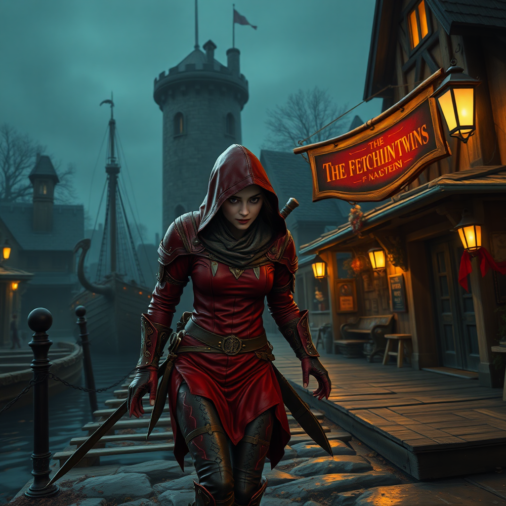 A wide distance shot of a female thief in a pastoral fantasy town. mage tower in the background. she is fleeing from someone. bar called "The Fetching Twins" sign (consisting of a silhouette of two women leaning together for a kiss). Village of Dryden, dock with a run down ship. she is wearing red leather armor with a hood, sword belt. it is night, lit by lanterns.