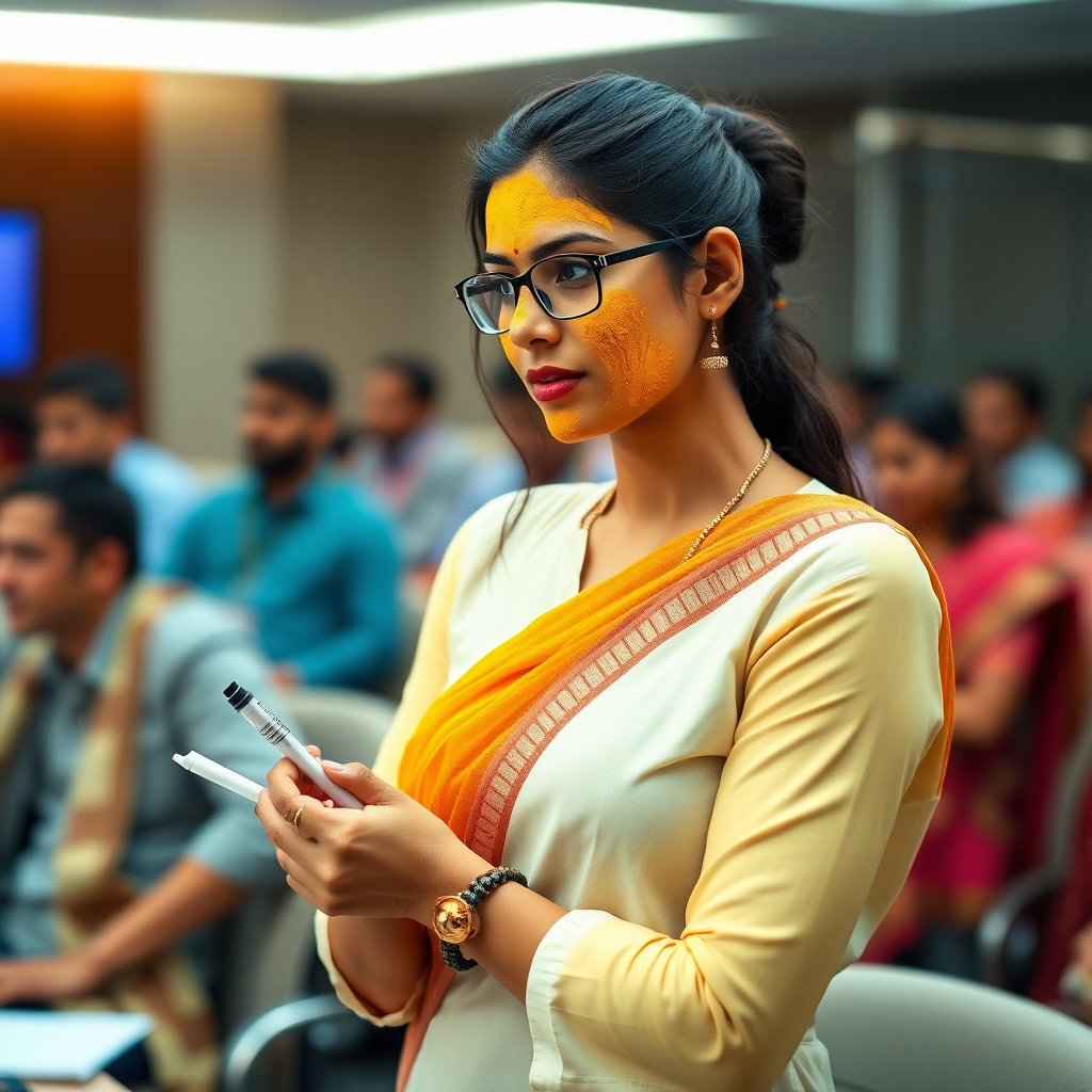 slim, 30 year old, modern indian office secretary, turmeric paste on her face. she is standing in a conference room full of people and taking notes.